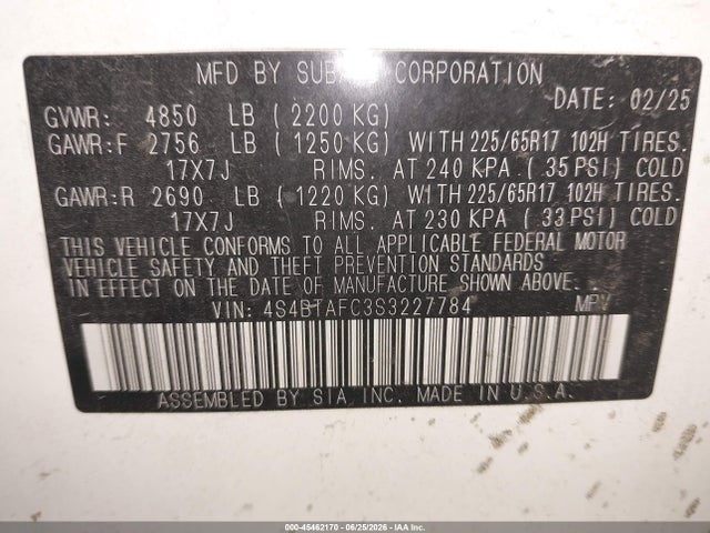 Продаж на аукціоні авто 2025 Subaru Outback Premium, vin: 4S4BTAFC3S3227784, номер лоту: 45462170