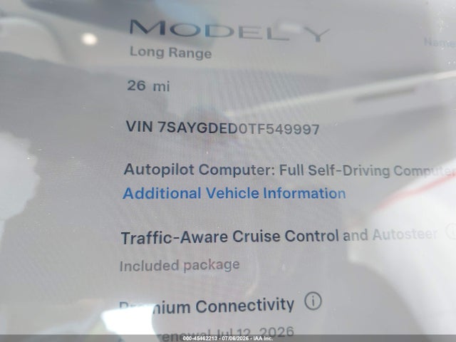 2026 Tesla Model Y Premium Rear-wheel Drive/standard Rear-wheel Drive მანქანა იყიდება აუქციონზე, vin: 7SAYGDED0TF549997, აუქციონის ნომერი: 45462213