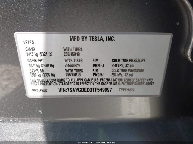 2026 Tesla Model Y Premium Rear-wheel Drive/standard Rear-wheel Drive მანქანა იყიდება აუქციონზე, vin: 7SAYGDED0TF549997, აუქციონის ნომერი: 45462213