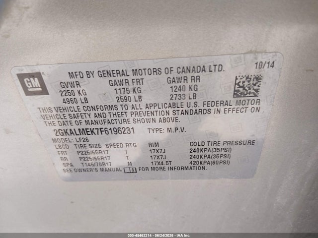 45462214 :رقم المزاد ، 2GKALMEK7F6196231 vin ، 2015 Gmc Terrain Sle-1 مزاد بيع