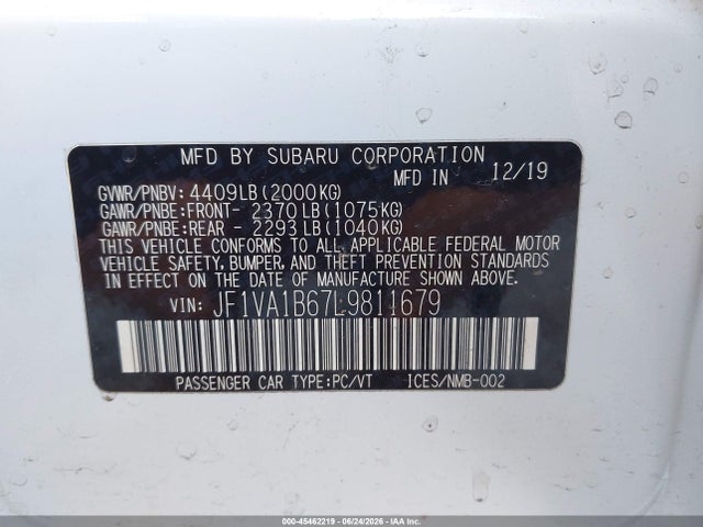 Продаж на аукціоні авто 2020 Subaru Wrx Premium, vin: JF1VA1B67L9811679, номер лоту: 45462219