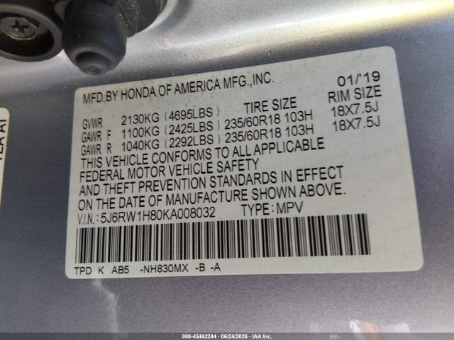 Honda Cr-v Ex-l 2019 5J6RW1H80KA008032 Image 9