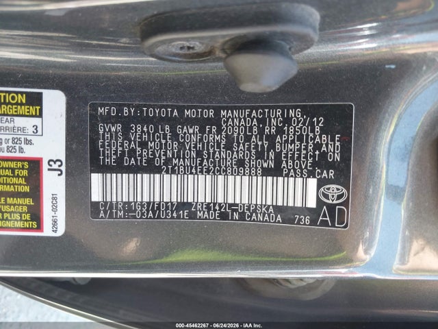 45462267 :رقم المزاد ، 2T1BU4EE2CC809888 vin ، 2012 Toyota Corolla S مزاد بيع