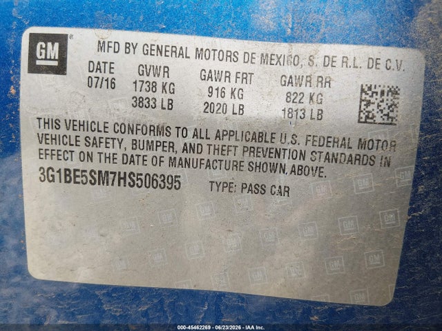3G1BE5SM7HS506395 Chevrolet Cruze Lt Auto