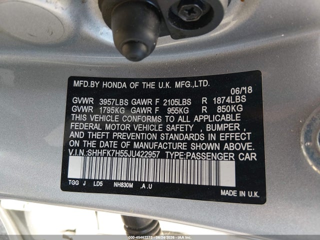 Honda CIVIC EX 2018 SHHFK7H55JU422957 Image 9