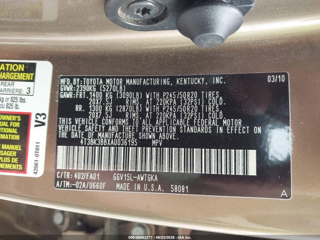 Aukcja sprzedaży 2010 Toyota Venza Base V6, vin: 4T3BK3BBXAU036195, numer aukcji: 45462277