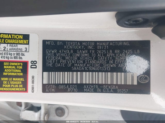 2022 Lexus Es 300h მანქანა იყიდება აუქციონზე, vin: 58ADA1C10NU013313, აუქციონის ნომერი: 45462278