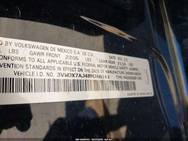Продаж на аукціоні авто 2011 Volkswagen Jetta 2.5l Se, vin: 3VWDX7AJ4BM368143, номер лоту: 45462303