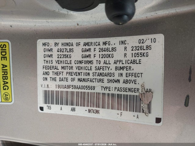 2010 Acura Tl 3.7 მანქანა იყიდება აუქციონზე, vin: 19UUA9F59AA005569, აუქციონის ნომერი: 45462337
