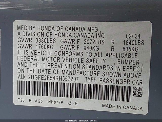 Продаж на аукціоні авто 2024 Honda Civic Sport, vin: 2HGFE2F54RH557207, номер лоту: 45462343