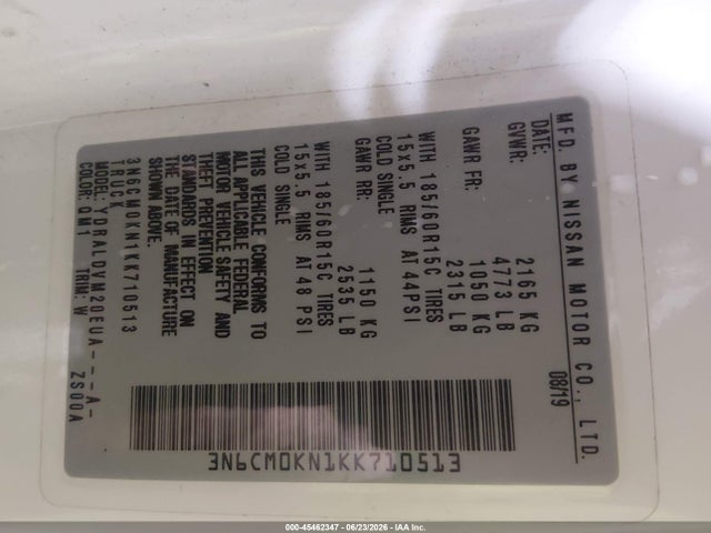 Auction sale of the 2019 Nissan Nv200 S, vin: 3N6CM0KN1KK710513, lot number: 45462347