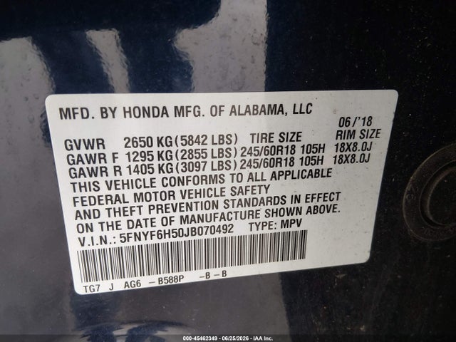 Honda Pilot Ex-l 2018 5FNYF6H50JB070492 Image 9