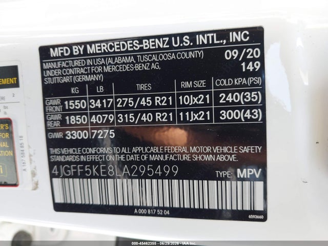 2020 Mercedes-benz Gls 450 4matic მანქანა იყიდება აუქციონზე, vin: 4JGFF5KE8LA295499, აუქციონის ნომერი: 45462355