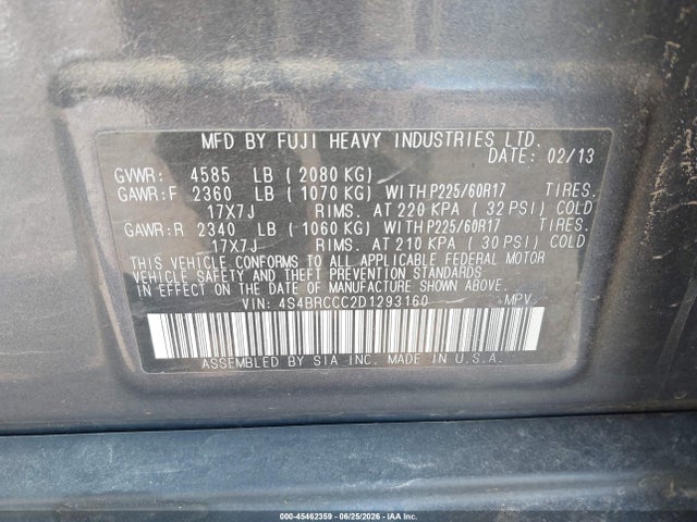 45462359 :رقم المزاد ، 4S4BRCCC2D1293160 vin ، 2013 Subaru Outback 2.5i Premium مزاد بيع