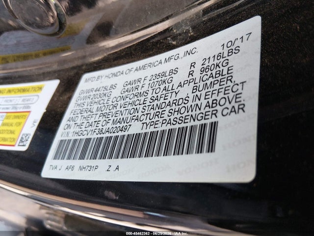 2018 Honda Accord Sport მანქანა იყიდება აუქციონზე, vin: 1HGCV1F38JA020497, აუქციონის ნომერი: 45462362