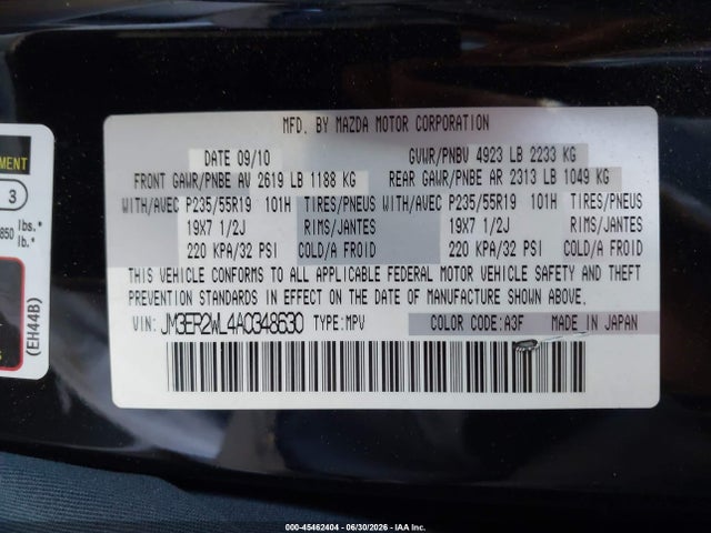 45462404 :رقم المزاد ، JM3ER2WL4A0348630 vin ، 2010 Mazda Cx-7 S Grand Touring مزاد بيع