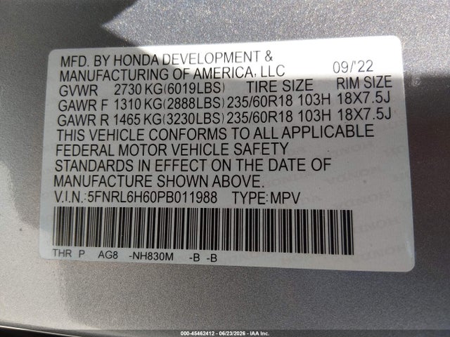 5FNRL6H60PB011988 Honda Odyssey Ex-l