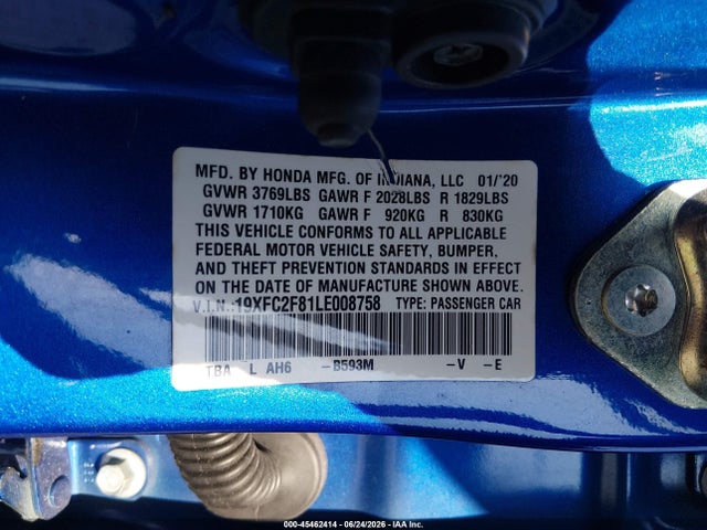 45462414 :رقم المزاد ، 19XFC2F81LE008758 vin ، 2020 Honda Civic Sport مزاد بيع