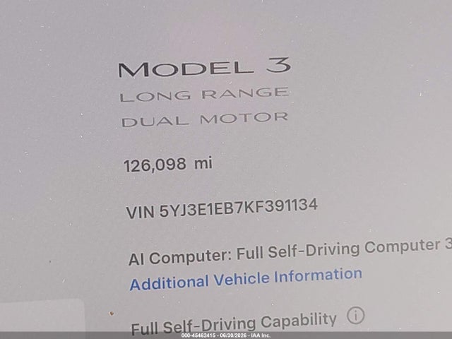 Aukcja sprzedaży 2019 Tesla Model 3 Long Range/performance, vin: 5YJ3E1EB7KF391134, numer aukcji: 45462415