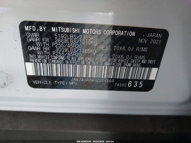 Продаж на аукціоні авто 2022 Mitsubishi Outlander Black Edition S-awc, vin: JA4J4UA84NZ054869, номер лоту: 45462439