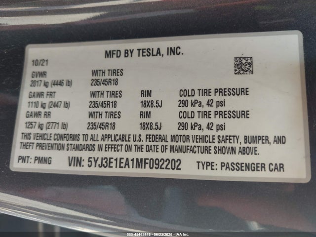 2021 Tesla Model 3 Standard Range Plus Rear-wheel Drive მანქანა იყიდება აუქციონზე, vin: 5YJ3E1EA1MF092202, აუქციონის ნომერი: 45462446