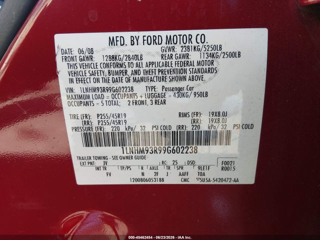 Auction sale of the 2009 Lincoln Mks, vin: 1LNHM93R99G602238, lot number: 45462454