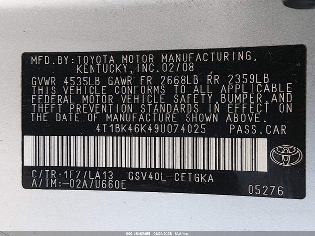 Aukcja sprzedaży 2009 Toyota Camry Xle V6, vin: 4T1BK46K49U074025, numer aukcji: 45462459