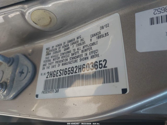 Aukcja sprzedaży 2002 Honda Civic Lx, vin: 2HGES16592H603652, numer aukcji: 45462487