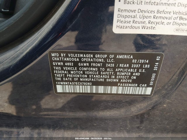 Продажа на аукционе авто 2014 Volkswagen Passat 2.0l Tdi Se, vin: 1VWBN7A37EC079262, номер лота: 45462496