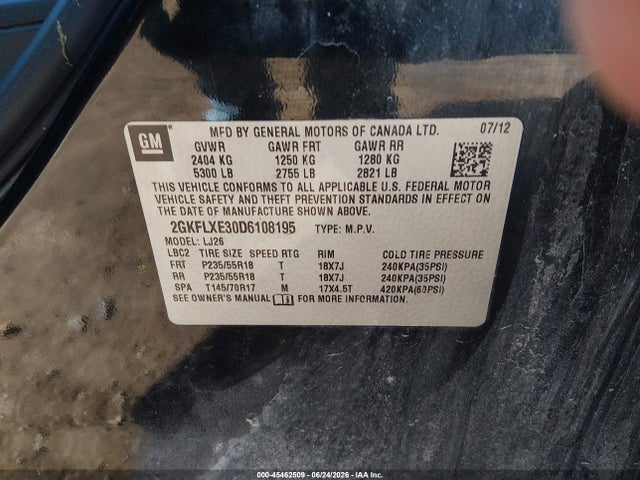 Aukcja sprzedaży 2013 Gmc Terrain Slt-2, vin: 2GKFLXE30D6108195, numer aukcji: 45462509