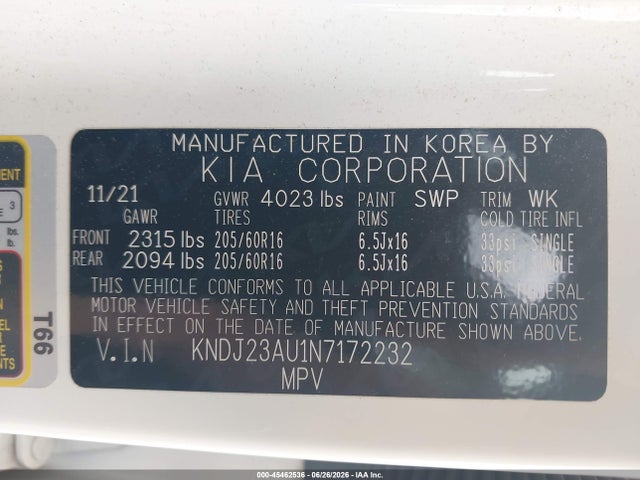 Aukcja sprzedaży 2022 Kia Soul Lx, vin: KNDJ23AU1N7172232, numer aukcji: 45462536