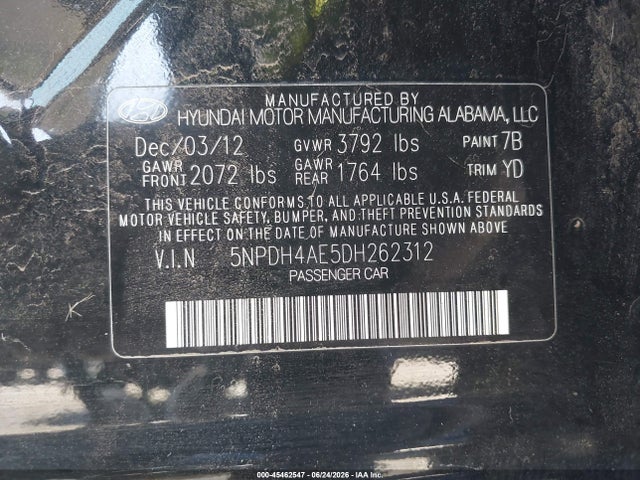 Auction sale of the 2013 Hyundai Elantra Gls, vin: 5NPDH4AE5DH262312, lot number: 45462547