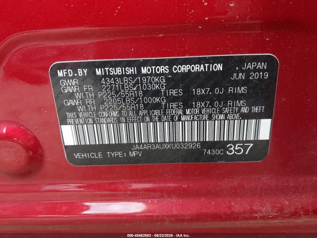 Aukcja sprzedaży 2019 Mitsubishi Outlander Sport 2.0 Es, vin: JA4AR3AUXKU032926, numer aukcji: 45462563