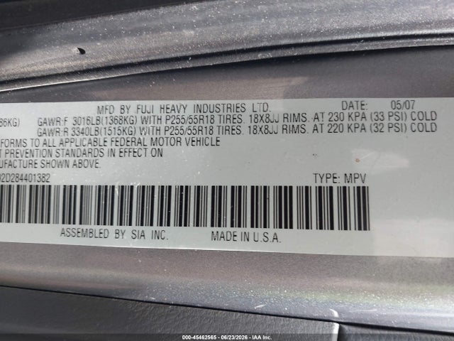 45462565 :رقم المزاد ، 4S4WX92D284401382 vin ، 2008 Subaru Tribeca Limited 5-passenger مزاد بيع