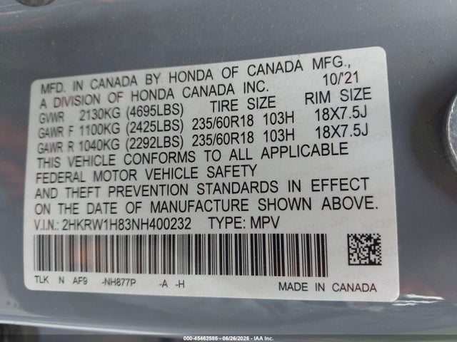2HKRW1H83NH400232 Honda Cr-v 2wd Ex-l