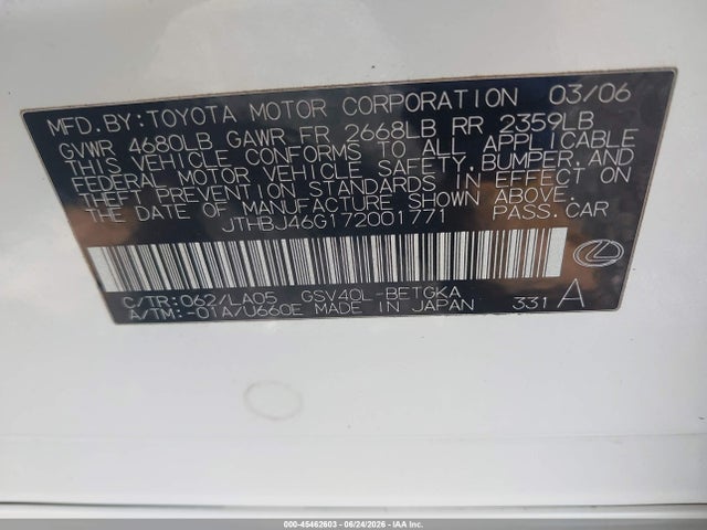 2007 Lexus Es 350 მანქანა იყიდება აუქციონზე, vin: JTHBJ46G172001771, აუქციონის ნომერი: 45462603