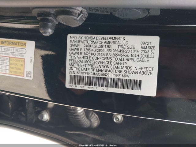 Honda Passport Awd Touring 2021 5FNYF8H93MB036629 Image 9