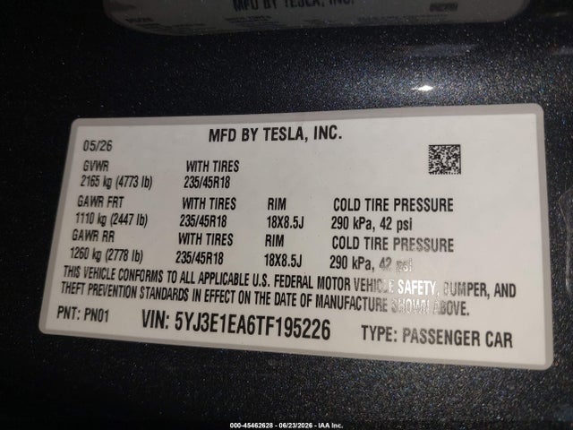 2026 Tesla Model 3 Premium Rear-wheel Drive/rear-wheel Drive მანქანა იყიდება აუქციონზე, vin: 5YJ3E1EA6TF195226, აუქციონის ნომერი: 45462628