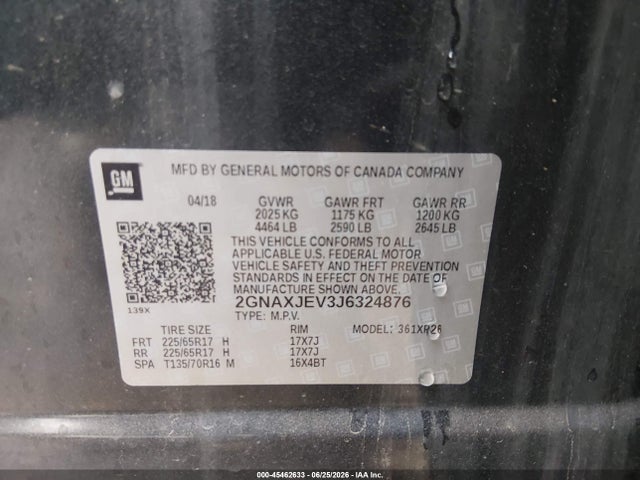 Продажа на аукционе авто 2018 Chevrolet Equinox Lt, vin: 2GNAXJEV3J6324876, номер лота: 45462633