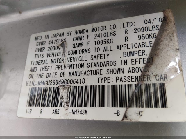 Aukcja sprzedaży 2009 Acura Tsx, vin: JH4CU26649C006418, numer aukcji: 45462639