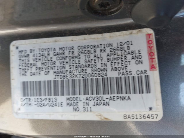 45462651 :رقم المزاد ، JTDBE32K720060824 vin ، 2002 Toyota Camry Le مزاد بيع