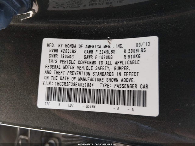 45462671 :رقم المزاد ، 1HGCR2F39EA021884 vin ، 2014 Honda Accord Lx مزاد بيع