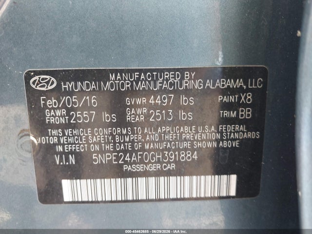 5NPE24AF0GH391884 Hyundai SONATA SE