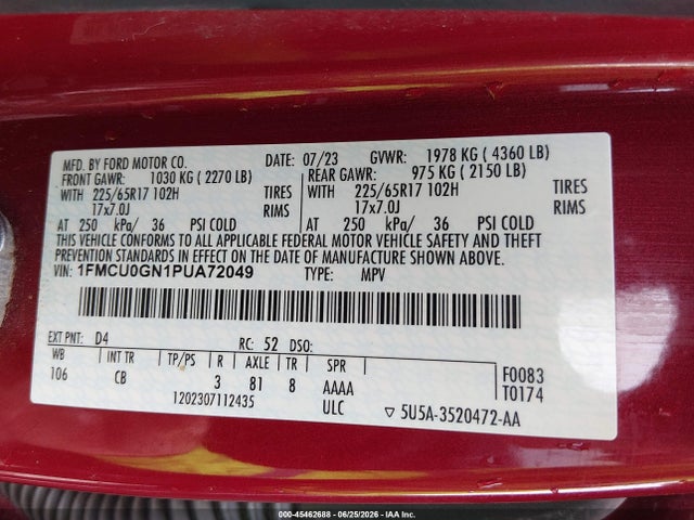 45462688 :رقم المزاد ، 1FMCU0GN1PUA72049 vin ، 2023 Ford Escape Active مزاد بيع