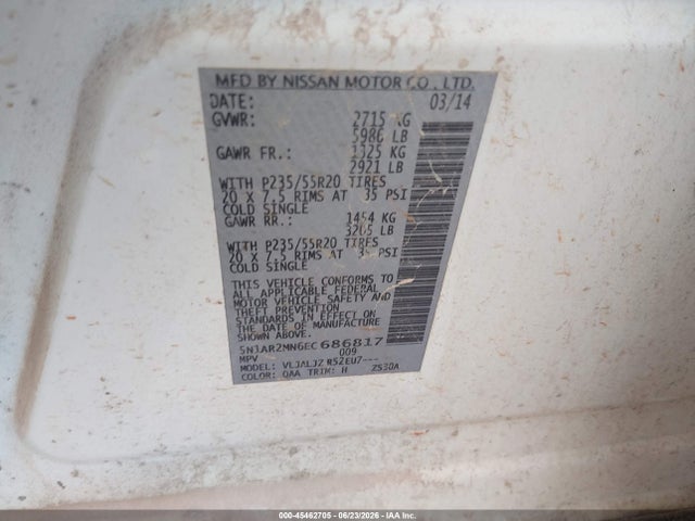 45462705 :رقم المزاد ، 5N1AR2MN6EC686817 vin ، 2014 Nissan Pathfinder Platinum مزاد بيع
