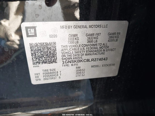 Aukcja sprzedaży 2020 Chevrolet Tahoe 4wd Lt, vin: 1GNSKBKC8LR274043, numer aukcji: 45462706