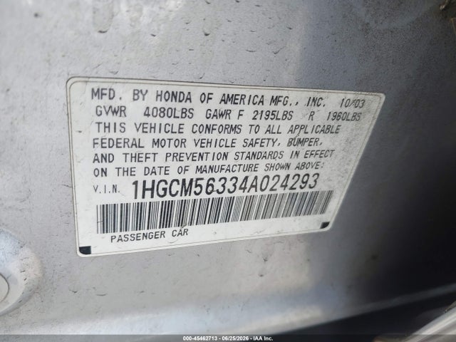 45462713 :رقم المزاد ، 1HGCM56334A024293 vin ، 2004 Honda Accord 2.4 Lx مزاد بيع