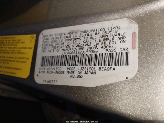 45462718 :رقم المزاد ، JT8BD69S920159086 vin ، 2002 Lexus Gs 300 مزاد بيع