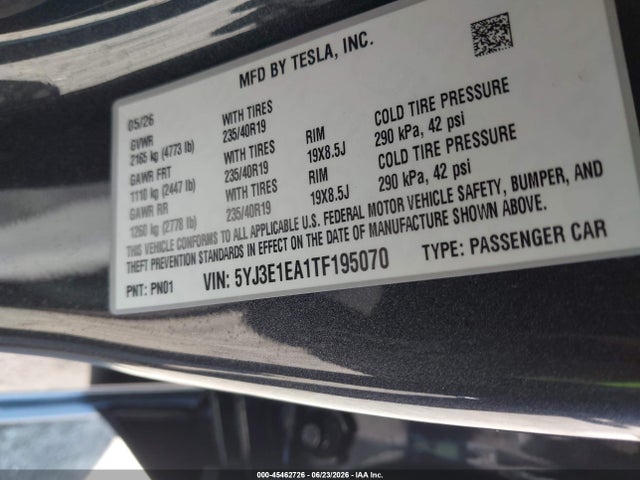 Продажа на аукционе авто 2026 Tesla Model 3 Premium Rear-wheel Drive/rear-wheel Drive, vin: 5YJ3E1EA1TF195070, номер лота: 45462726