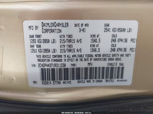 45462746 :رقم المزاد ، 2C4GP44371R311230 vin ، 2001 Chrysler Town & Country Lx مزاد بيع